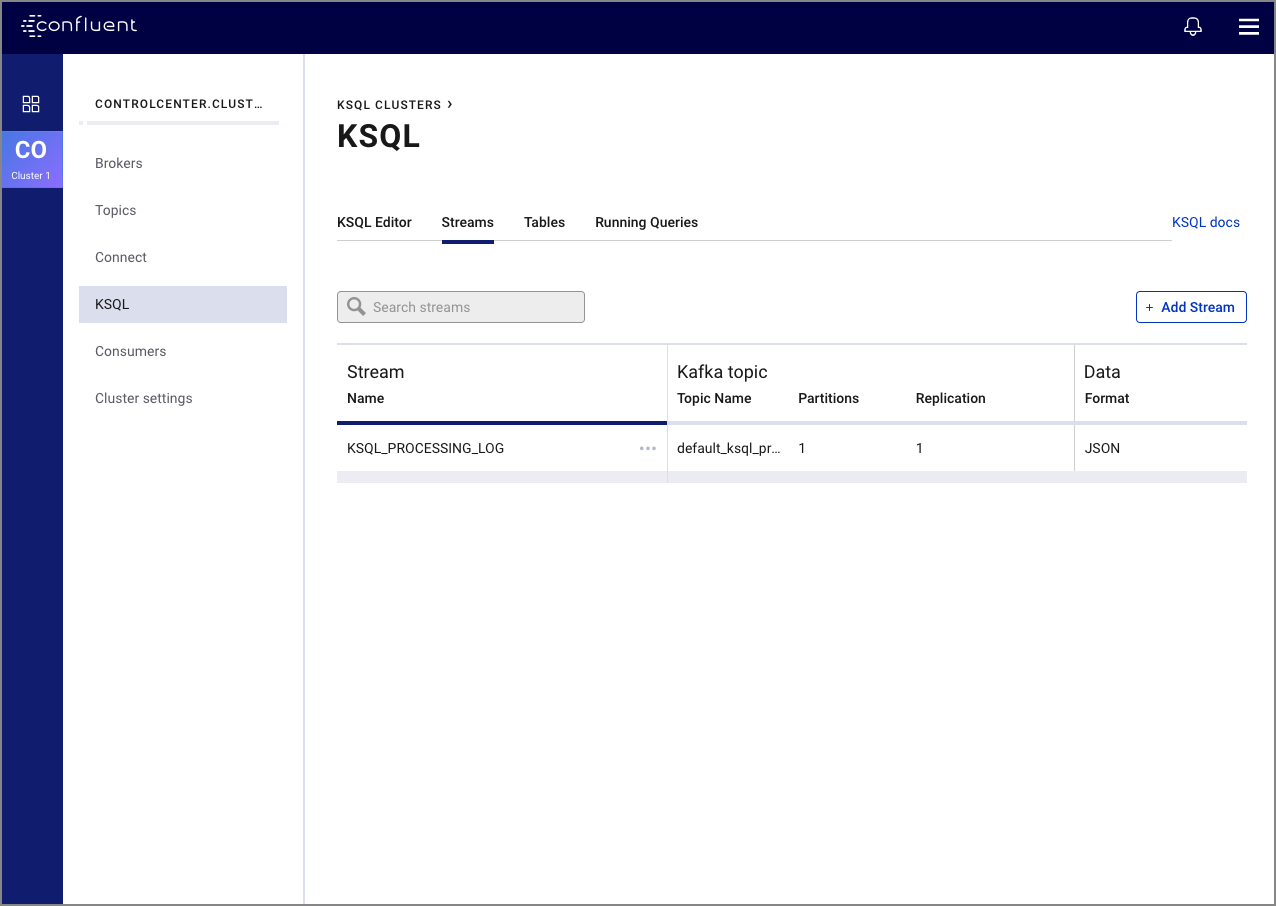 Screenshot of the KSQL Create Stream interface in Confluent Control Center.